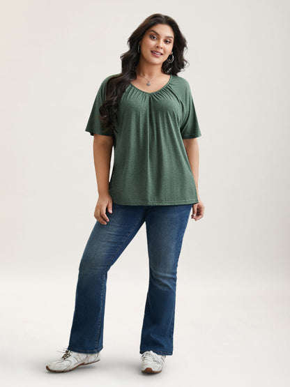 Pleated Plain Half-Sleeve Knit Top