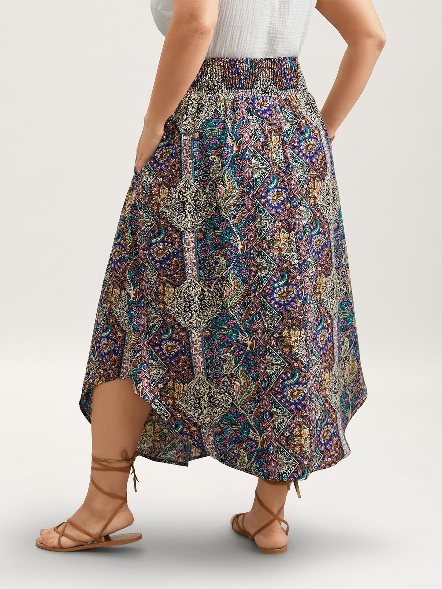 Boho Print Shirred Waist Midi Skirt