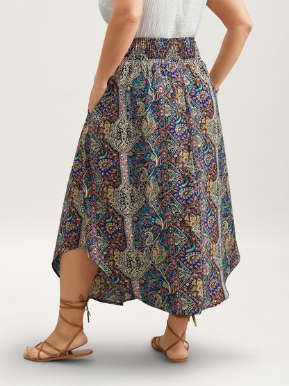 Boho Print Shirred Waist Midi Skirt