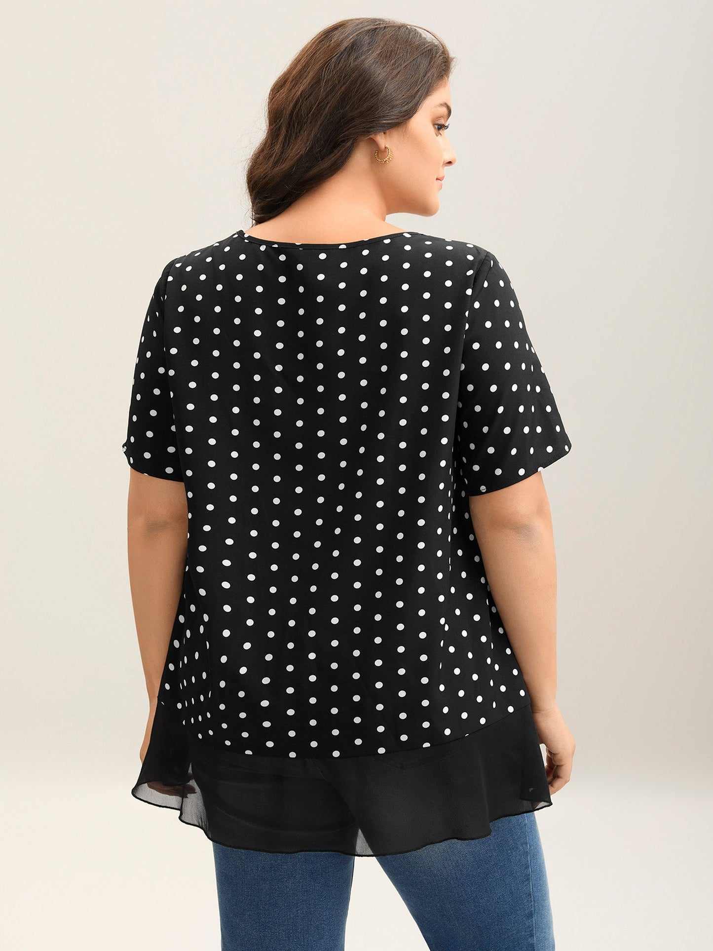 Polka Dots Spliced Ruffled Hem Shirt
