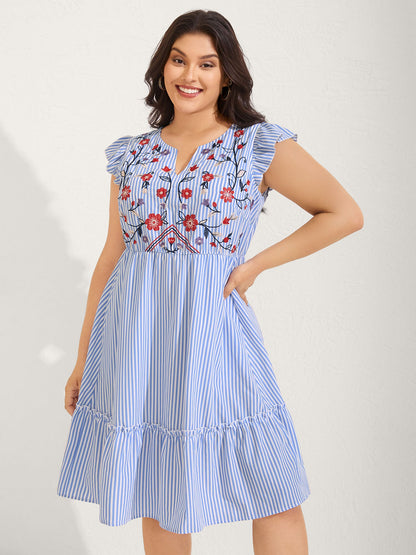 Floral Embroidery Stripes Flutter Midi Dress