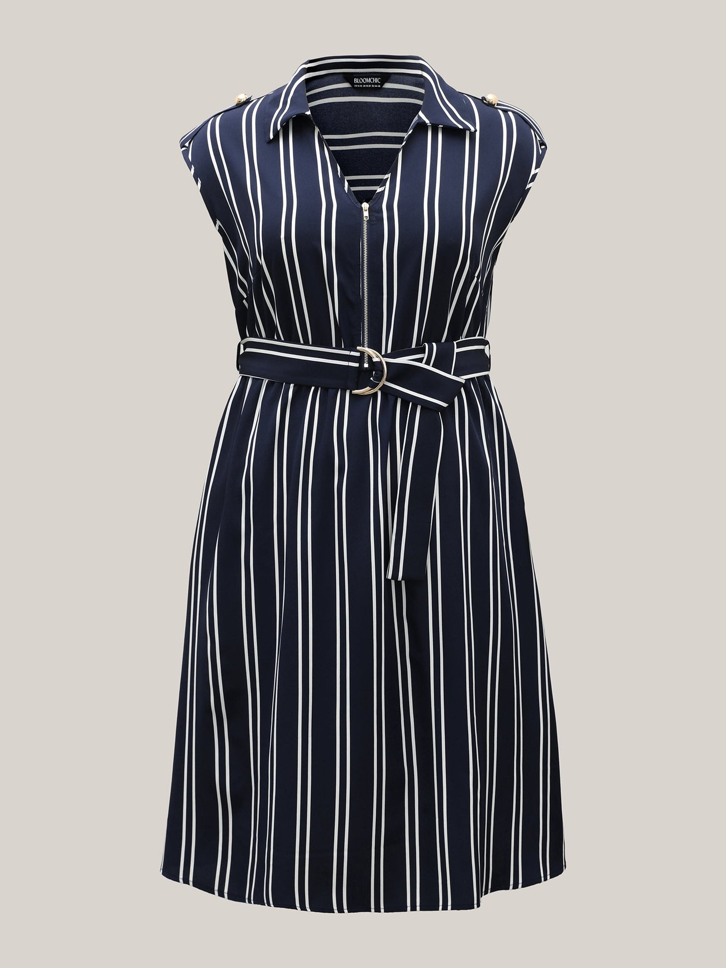 Stripe Print Zipper Belted Midi Dress