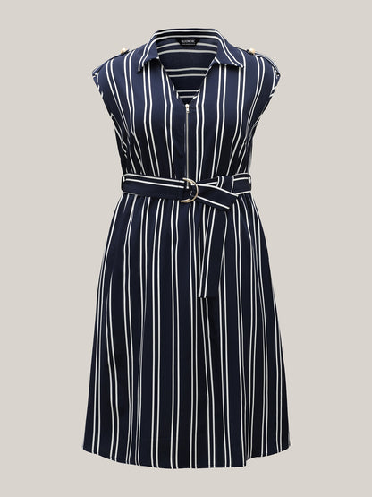Stripe Print Zipper Belted Midi Dress