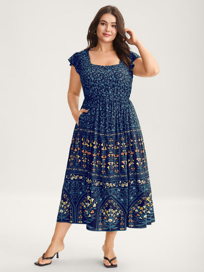 Rayon Garden Fresh Ruffled Sleeve Midi Dress