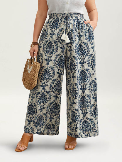 Damask Print Tassel Straight-Leg Pants