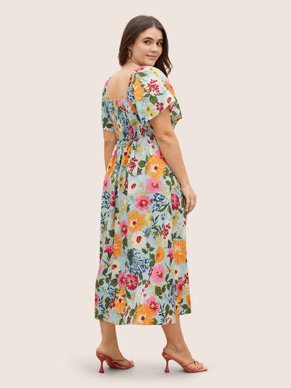 Floral Shirred Square Neck Pocket Midi Dress