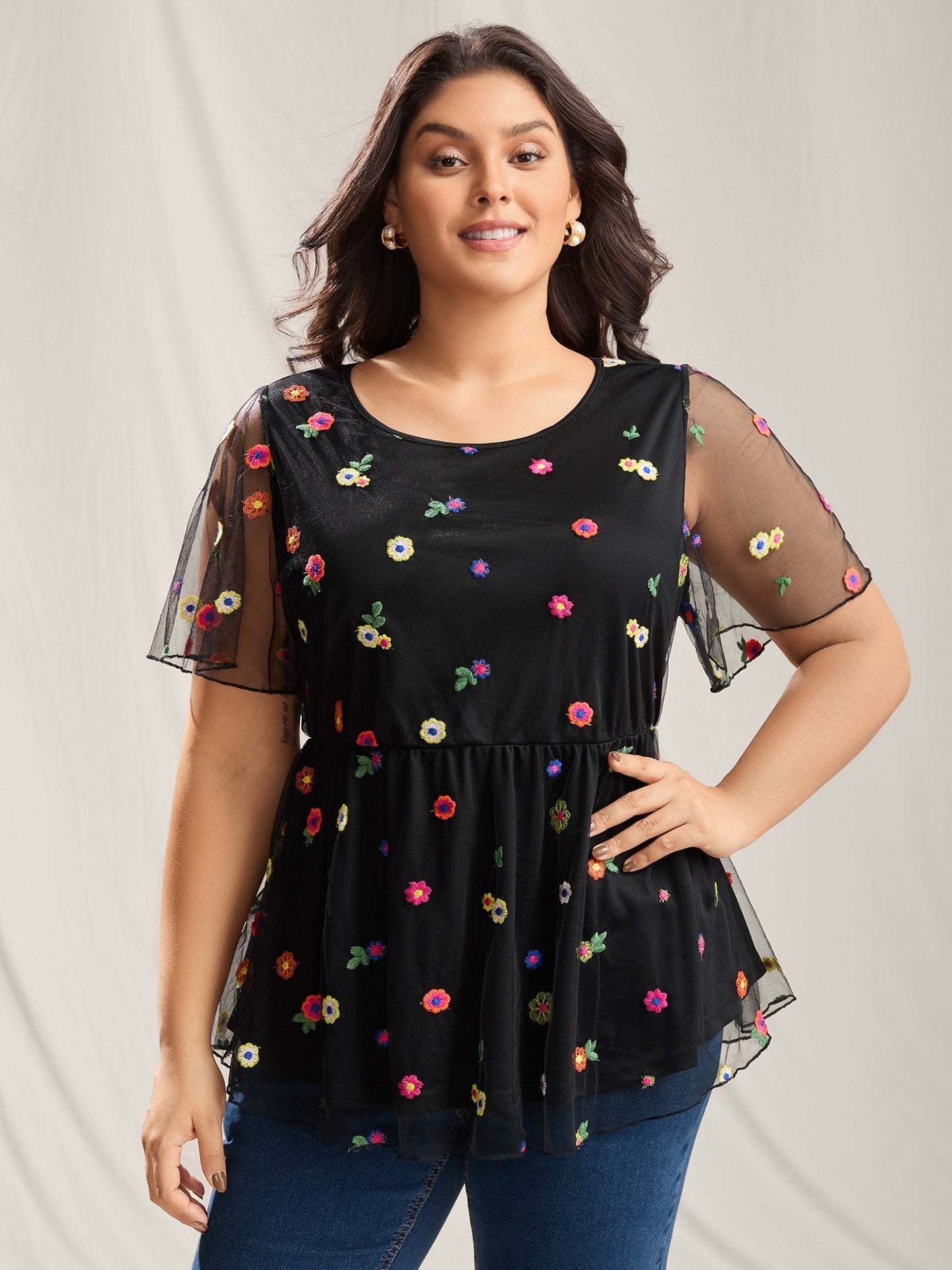 Floral Mesh Embroidery Babydoll Blouse