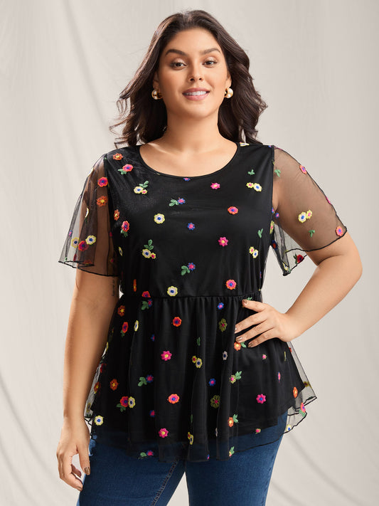 Floral Mesh Embroidery Babydoll Blouse