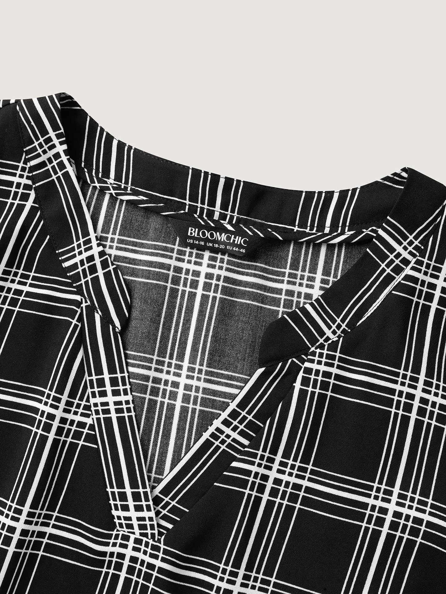 Plaid Print Tab Sleeve Notched Blouse