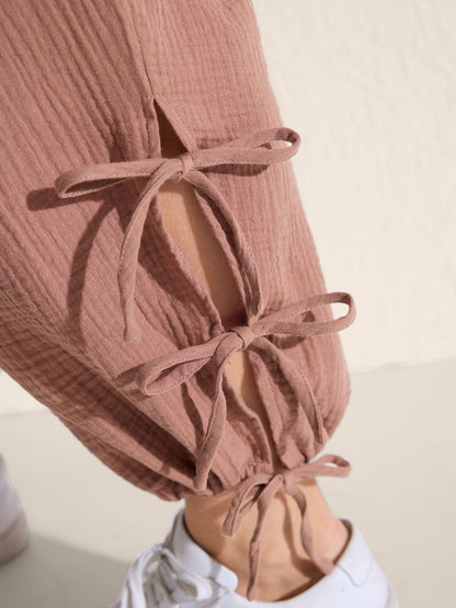 Tie-Hem Slits Cuffed Waist-Tie Pockets Pants