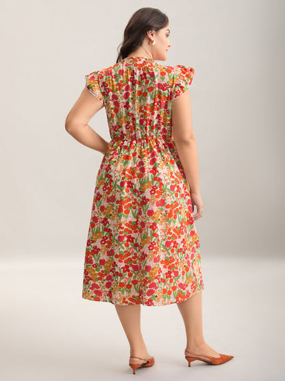 Floral Print Shirred Pockets Midi Dress