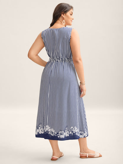 Stripes Cinched-Waist Floral Hem Maxi Dress
