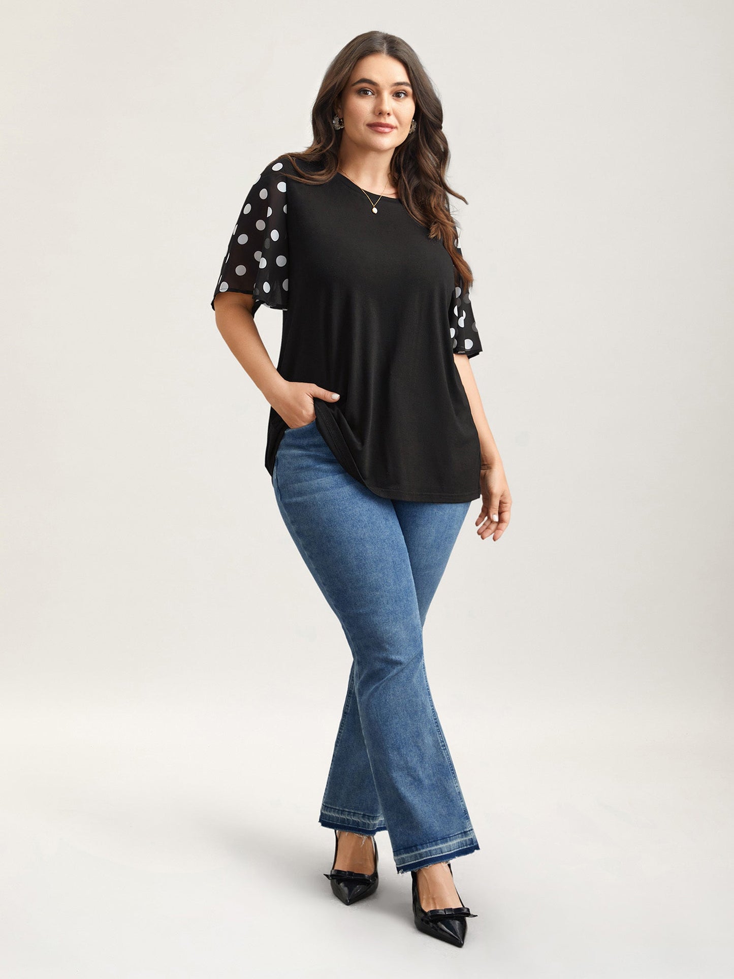 Stretchy Sheer Dot Sleeve Textured T-Shirt
