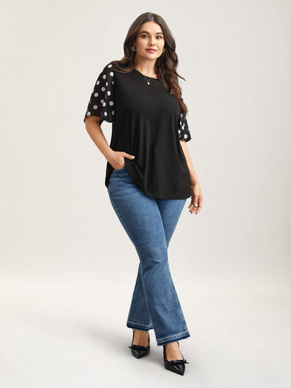 Stretchy Sheer Dot Sleeve Textured T-Shirt