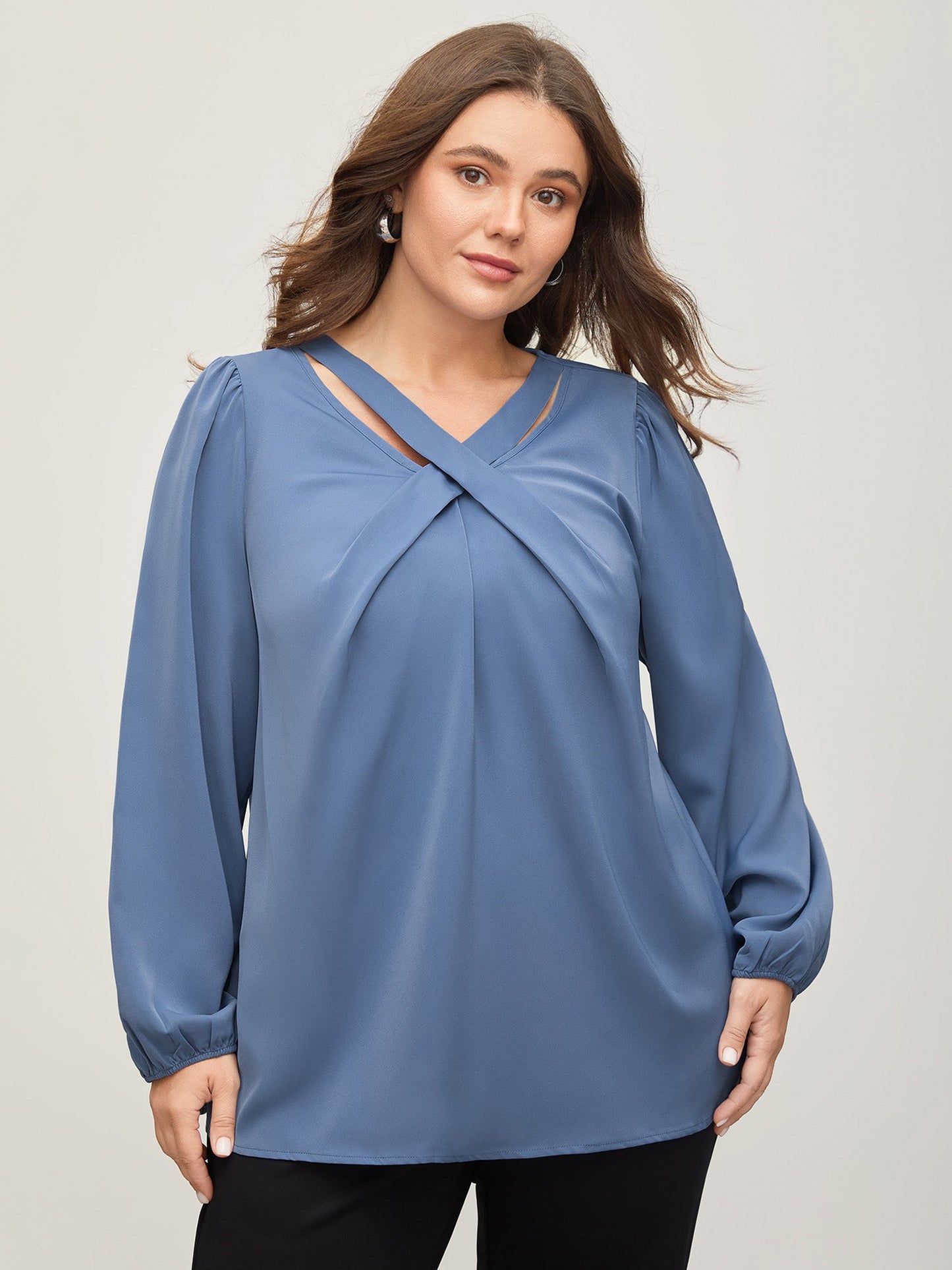 Criss Cross Neckline Puff Sleeve Gathered Blouse