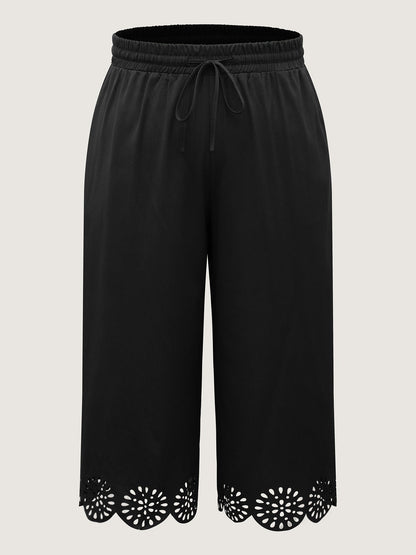 Scalloped Hem Laser Cut Wide-Leg Pants