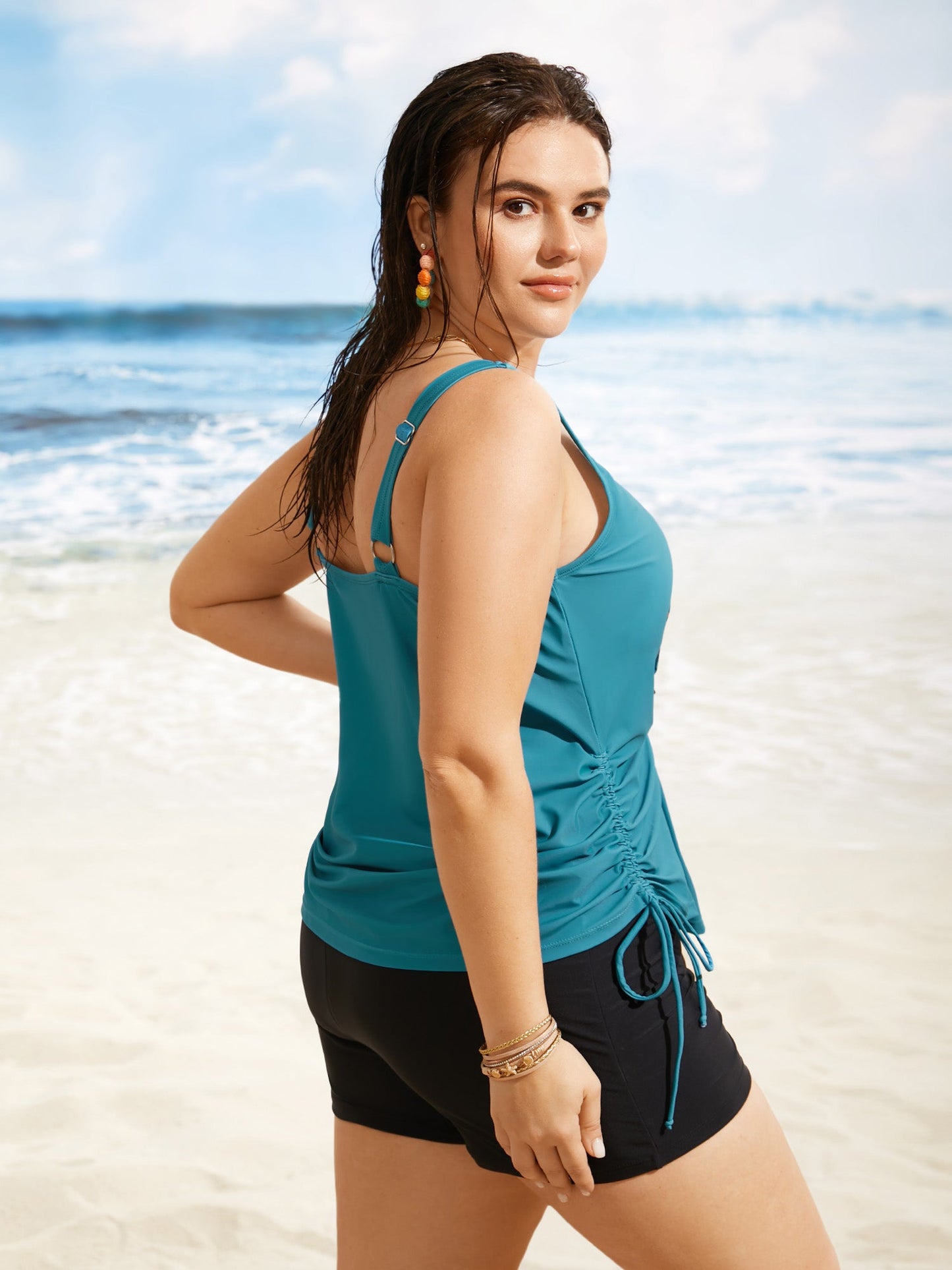 Island Print Drawstring Adjustable Swim Top