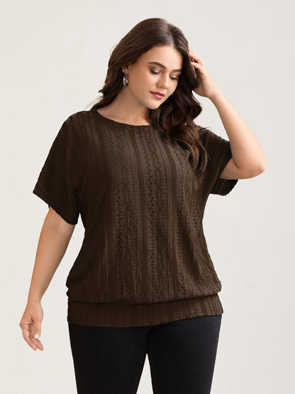 Eyelet Trim Stretchy Textured Plain Top