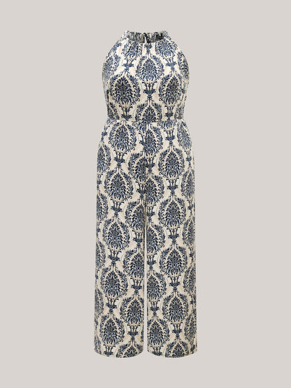 Rayon Damask Print Stretchy Waist Jumpsuit