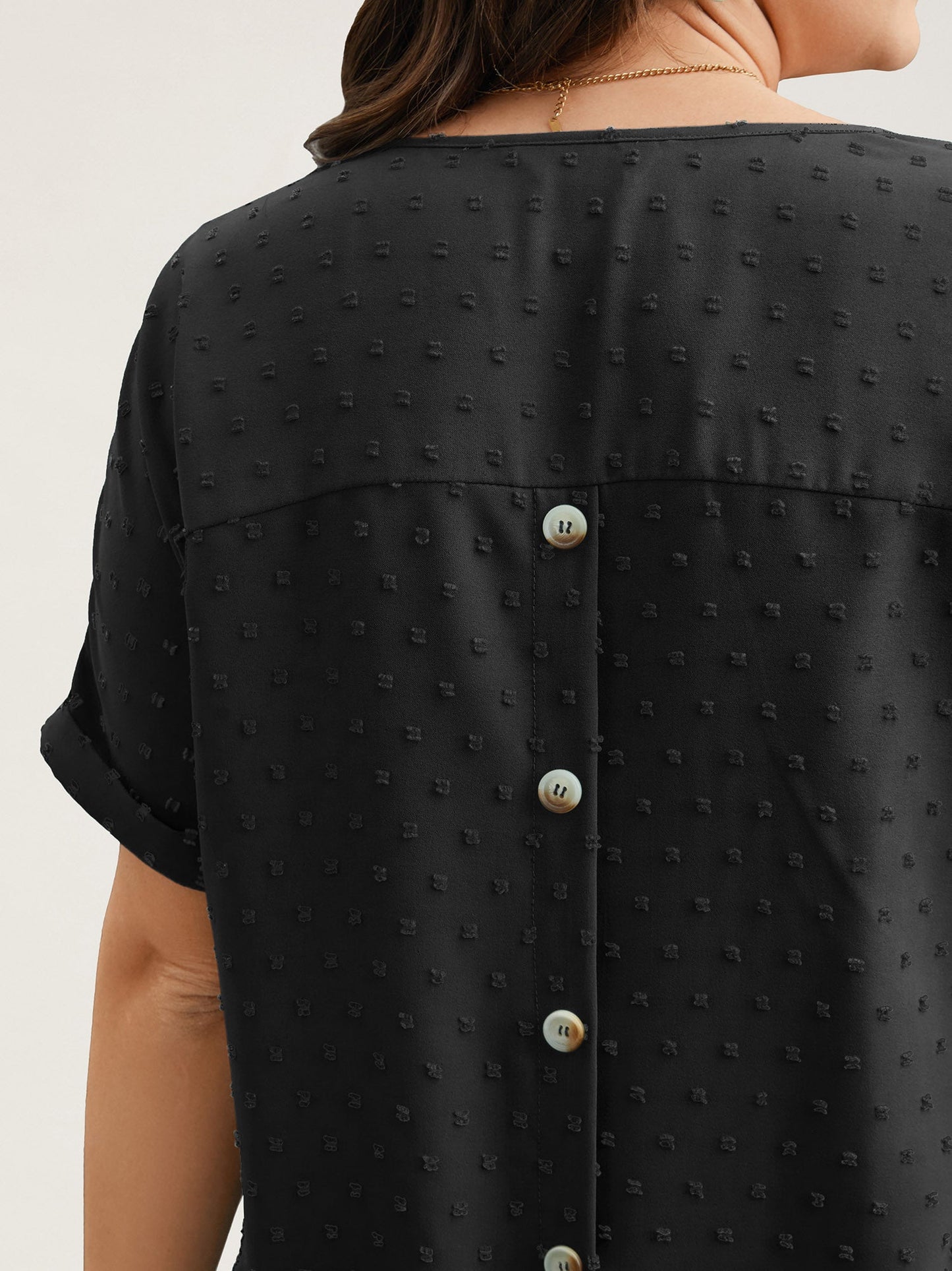 Back-Button Textured V-Neck Shirt