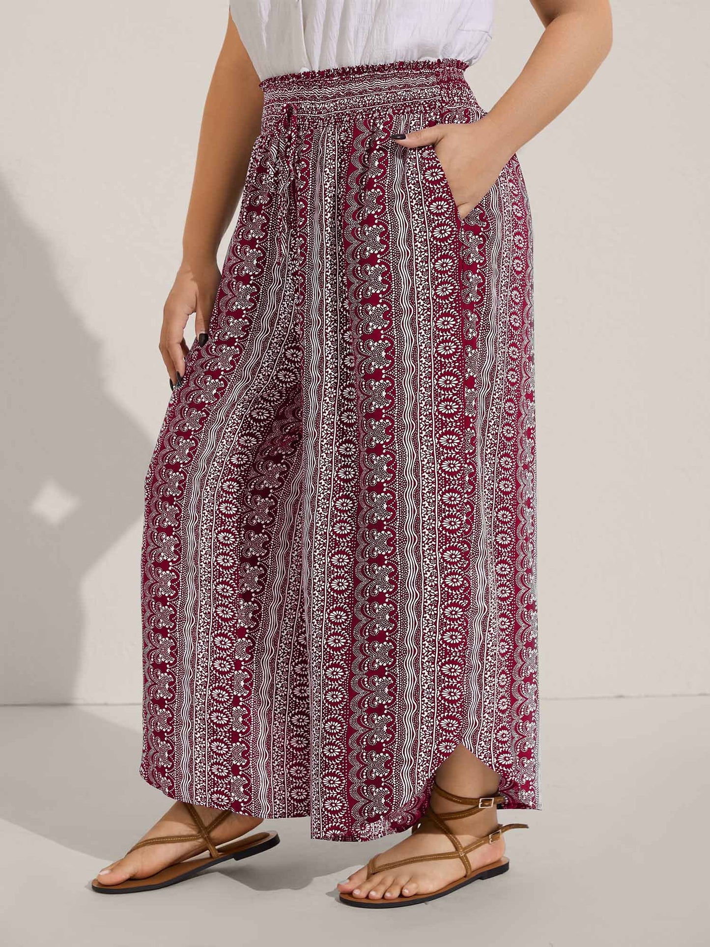 Boho Print Shirred Waist Wide-Leg Pants