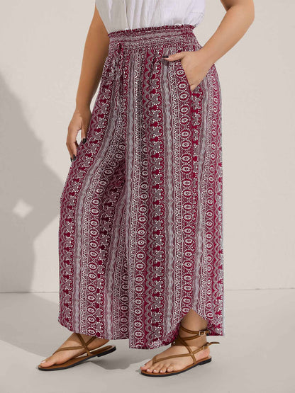 Boho Print Shirred Waist Wide-Leg Pants