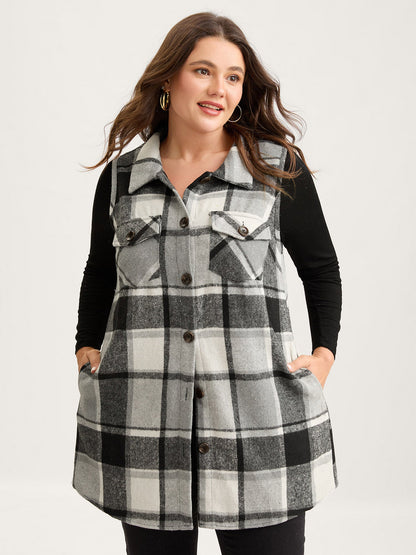 Plaid Flap Detail Sleeveless Jacket