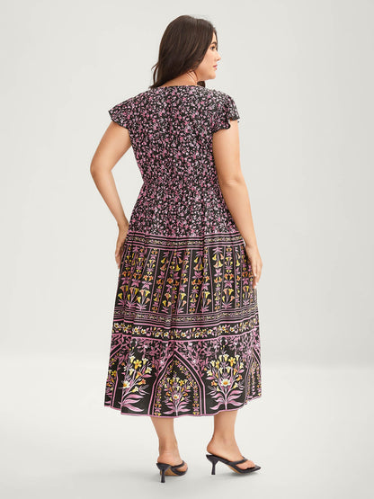 Rayon Garden Fresh Ruffled Sleeve Midi Dress