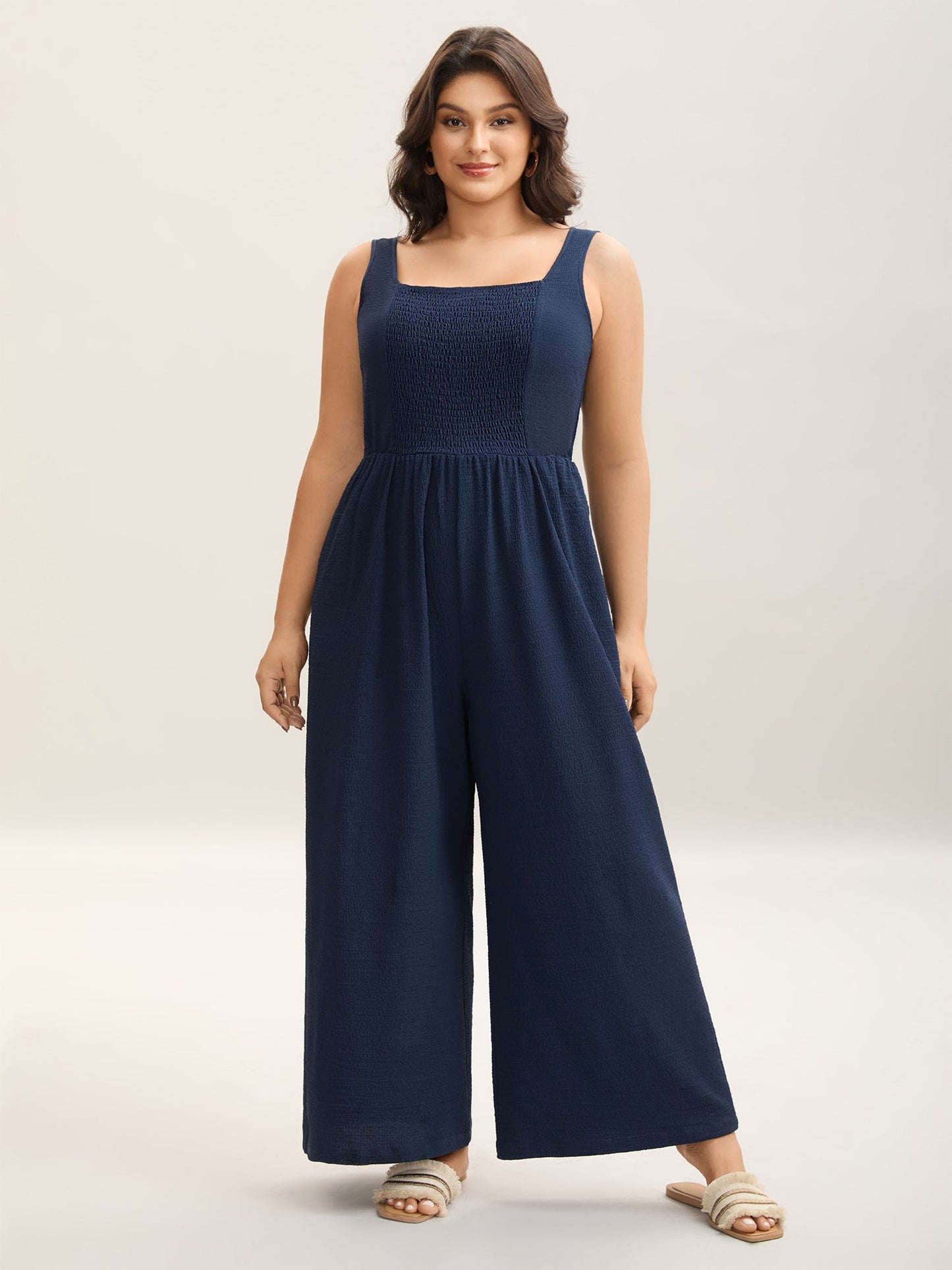 Shirred Pockets Wide-Leg Plain Jumpsuit