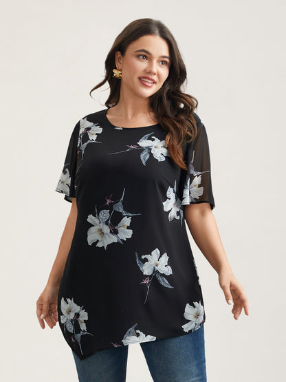 Chiffon Floral Round Neck Shirt