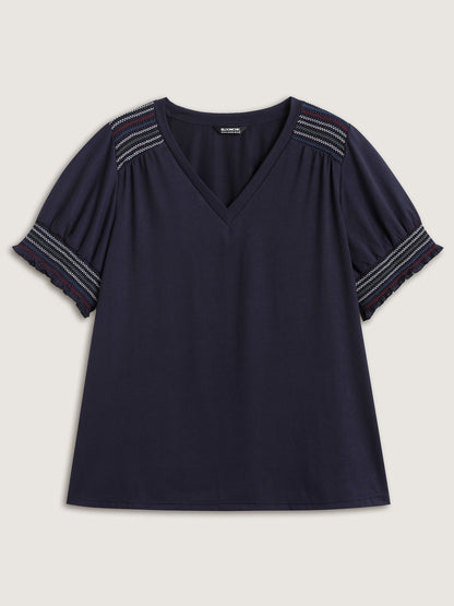 Stretchy Colorful Spliced Shirred T-Shirt