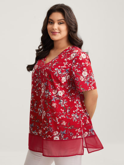 Garden Print Spliced V-Neck Blouse