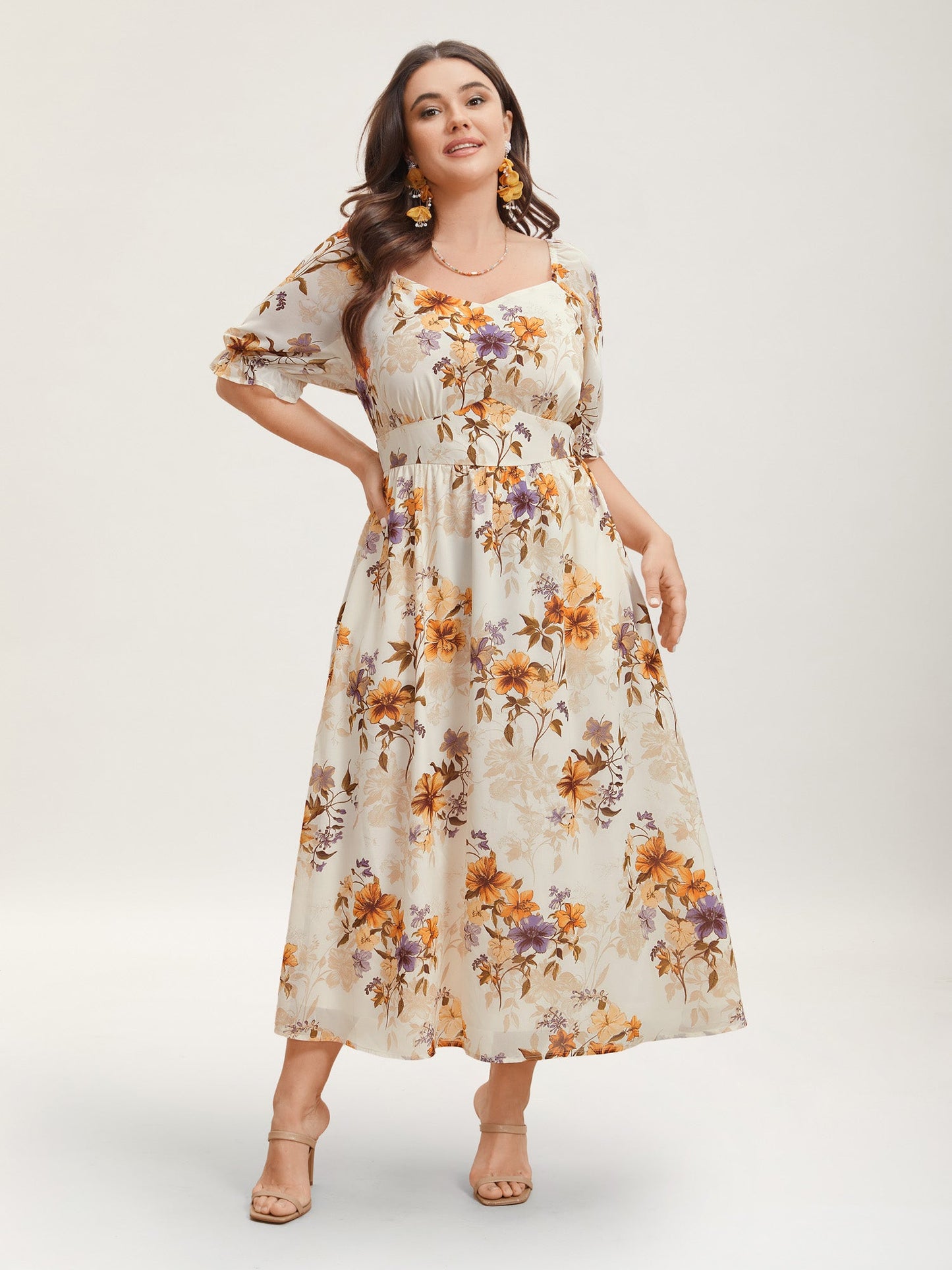 Chiffon Floral Waist-Cinched Maxi Dress