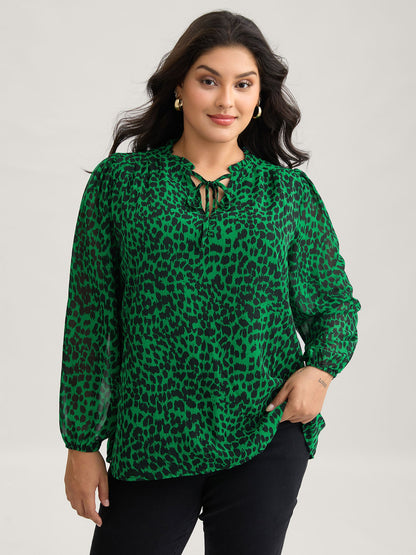 Leopard Print Tie Knot Lantern Sleeve Blouse