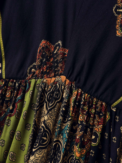 Retro Colorful Print V-Neck Midi Dress