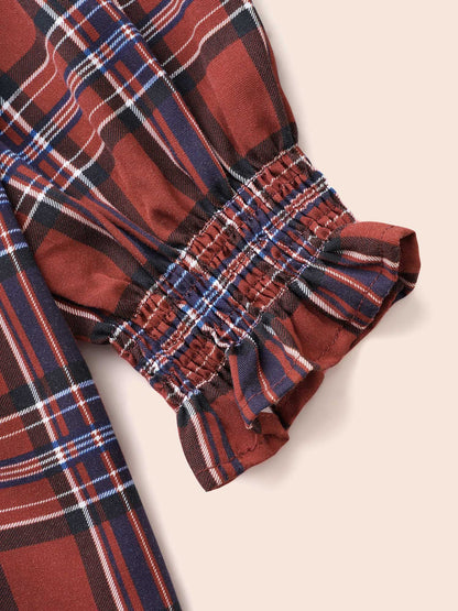 Plaid Contrast Webbing Ruffle Trim Blouse