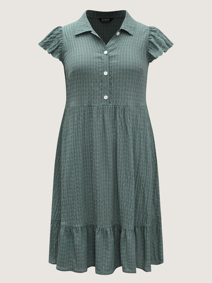 Textured Pockets Collar Flutter Sleeve Midi Dress