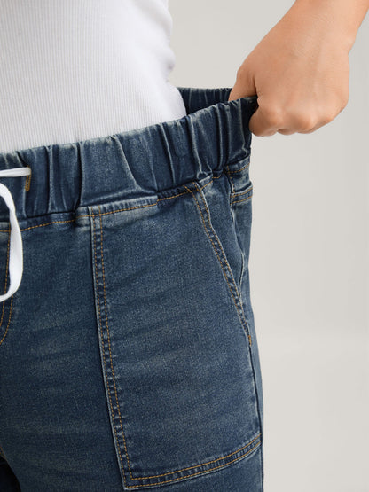 Drawstring Elastic Waist Roll Hem Jeans