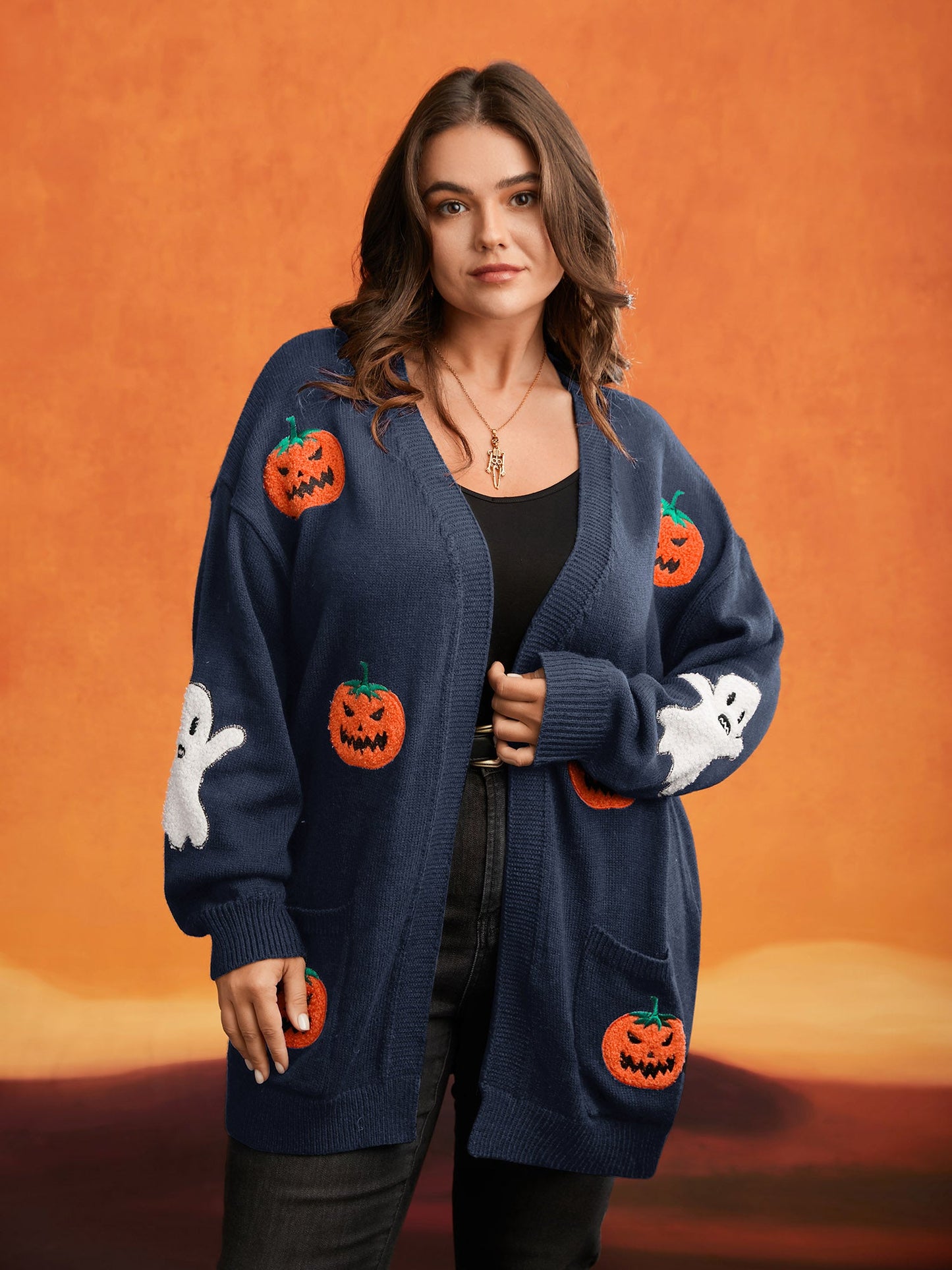 Pumpkin Ghost Embroidery Open Cardigan
