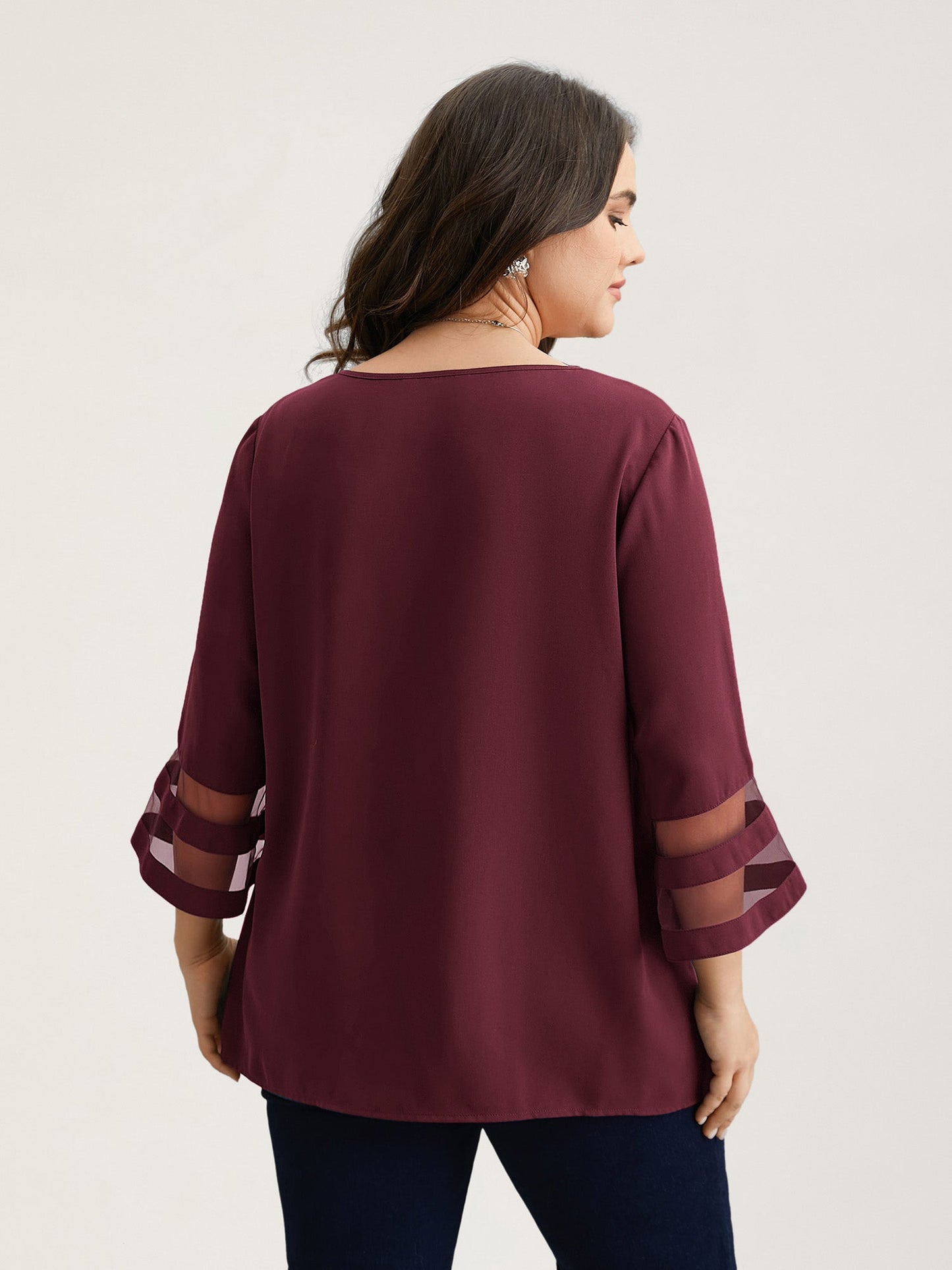 Sheer Sleeve Patchwork Asymmetrical Neckline Blouse