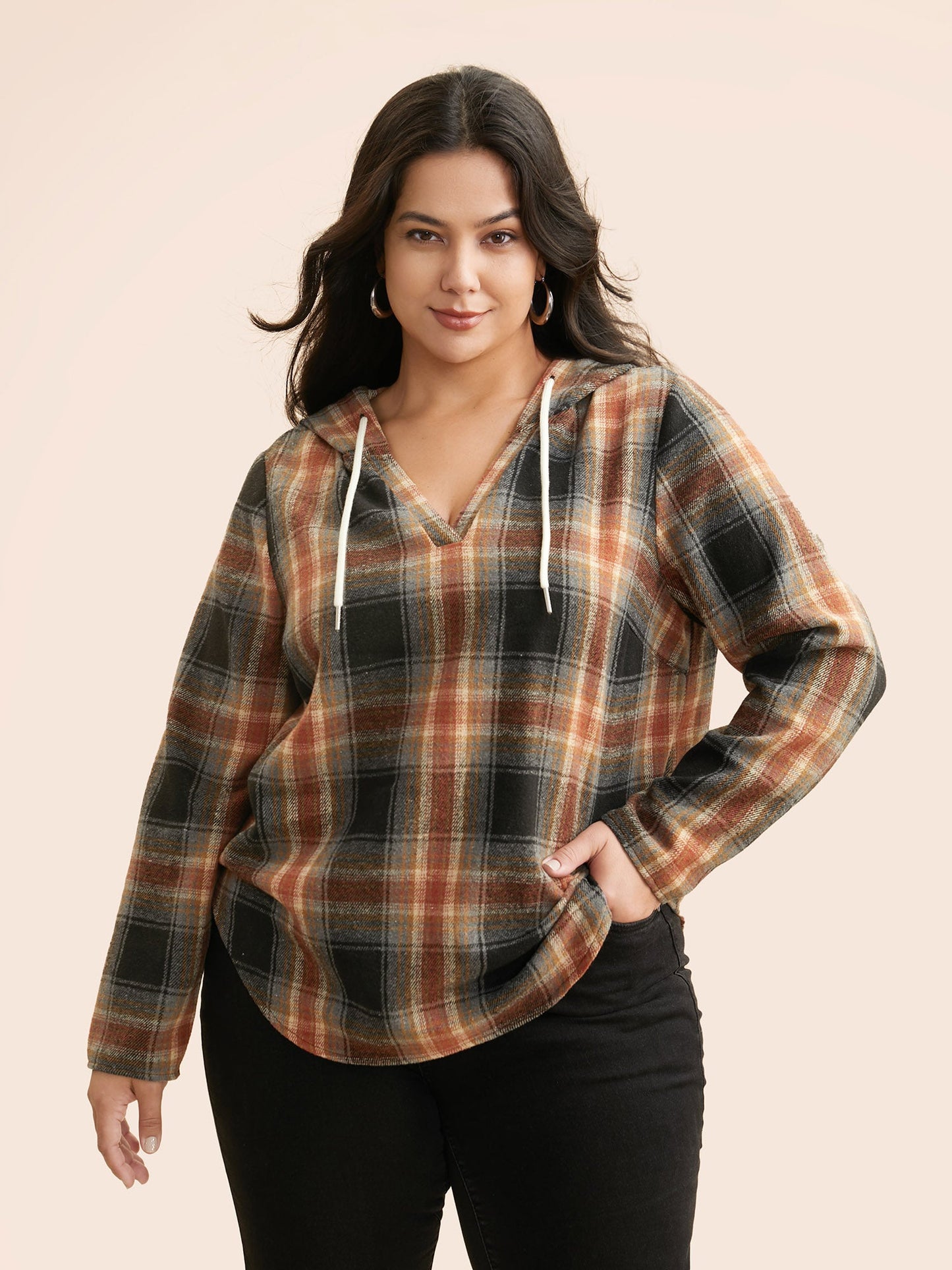 Brushed Fabric Plaid Hooded Sweatshirt