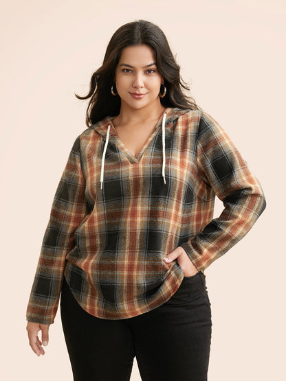 Brushed Fabric Plaid Hooded Sweatshirt