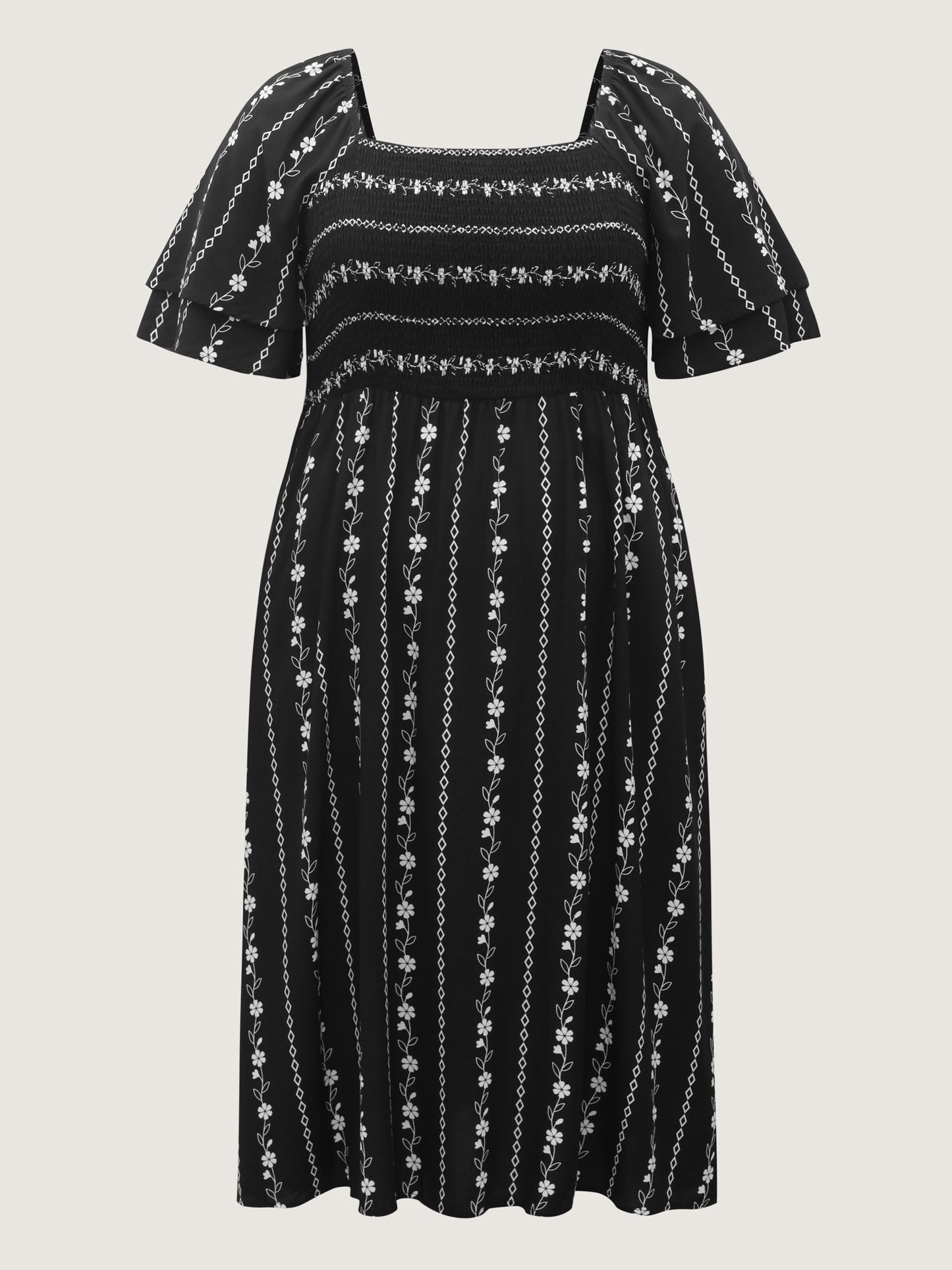 Floral Stripes Layered Ruffle Sleeve Midi Dress