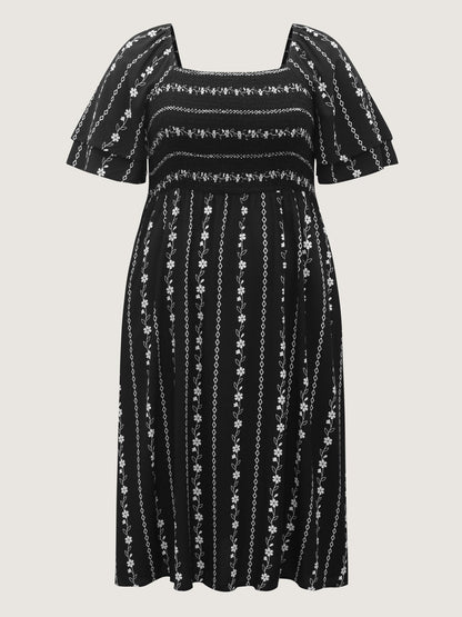 Floral Stripes Layered Ruffle Sleeve Midi Dress