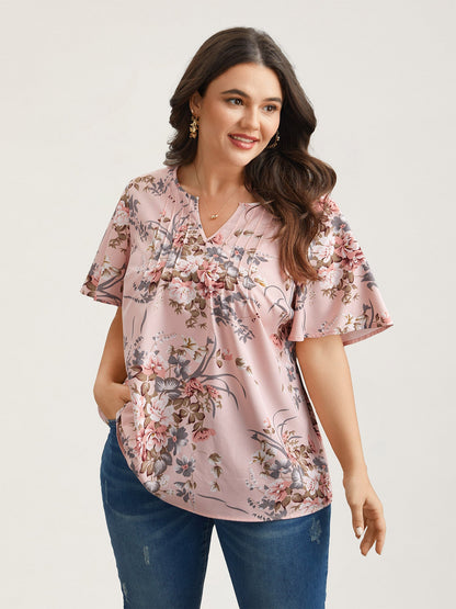 Spring Pattern Neck Cut-Out Pleated Shirt