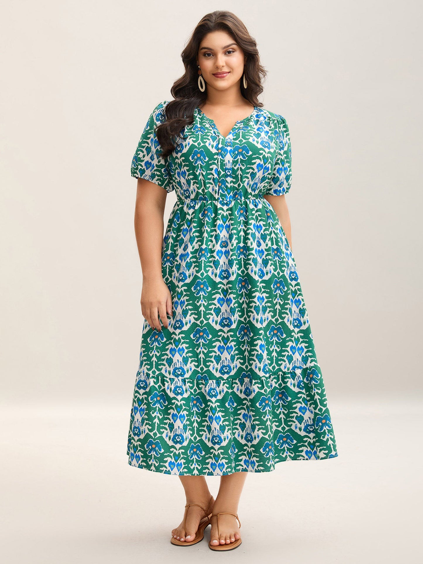 Boho Pattern Stretchy Waist Pockets Midi Dress