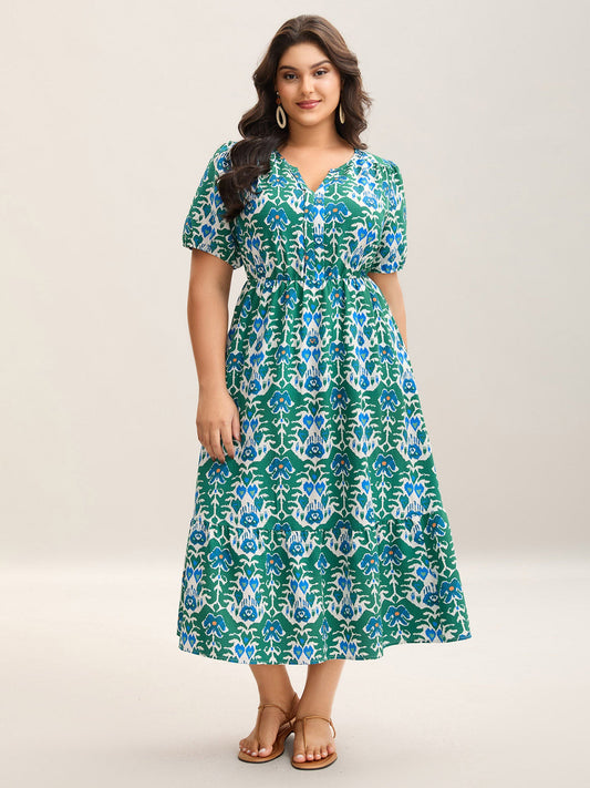Boho Pattern Stretchy Waist Pockets Midi Dress