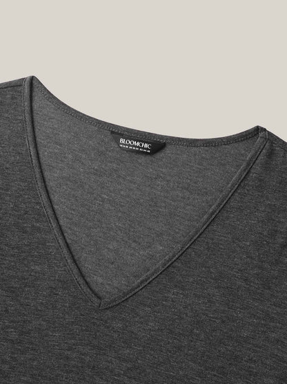 Curved Hem V-Neck Plain Knit Top