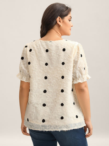 Textured Dots V-Neck Puff Sleeve Blouse