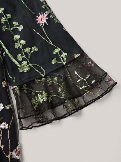 Embroidered Mesh Lotus Leaf Sleeve Blouse